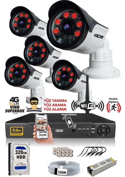 Ids - 5 Kameralı Set - 5mp Sony Lensli Full Hd Gece Görüşlü Su Geçirmez Cepten Izle - Güvenlik Kamerası Sistemi