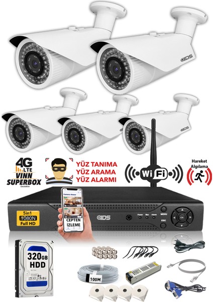 - 5 Kameralı 5 Mp Sony Lensli 1080P Full HD Güvenlik Kamerası Sistemi - Cepten İzle - 320 Dış