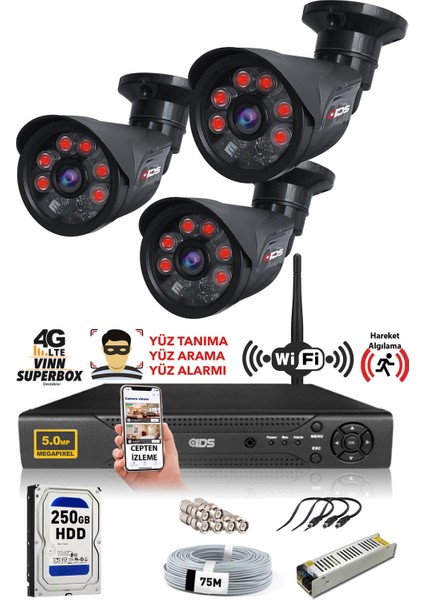 3 Kameralı 5mp Sony Lensli 1080P Fullhd Güvenlik Kamerası Sistemi - Cepten Izle - 250DIŞ