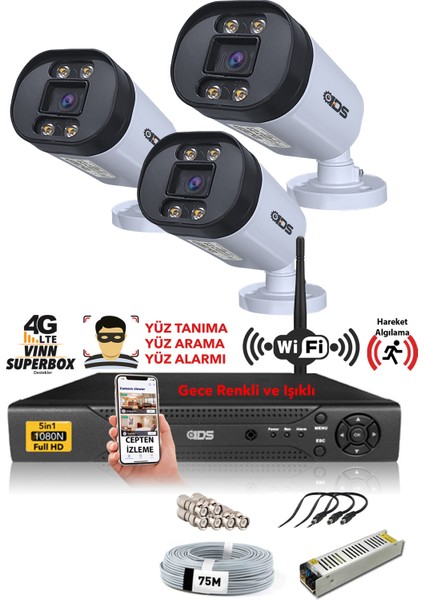 DS-2032HD-WL-SET3-NOHDD 3 Kameralı 5mp Lensli 1080P Fullhd Gece Renkli Full Kamera Seti