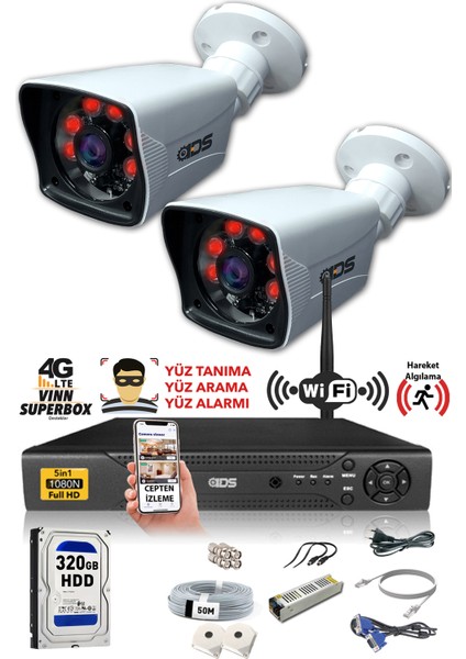 2 Kameralı 5mp Lensli 1080P Fullhd Kamera Seti - Gece Görüşlü - Su Geçirmez - Cepten Izle