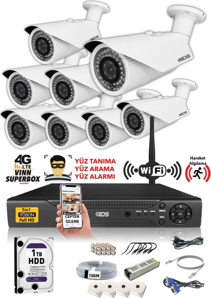 8 Kameralı 5MP Sony Lensli 1080P Full HD Güvenlik Kamerası Sistemi - Cepten İzle - 1tb Dış