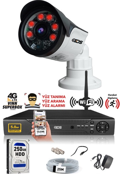 1 Kameralı 5MP Sony Lensli 1080P Full HD Güvenlik Kamerası Sistemi - Cepten İzle - 250 Dış