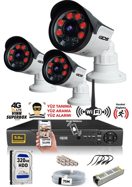 3 Kameralı Set - 5 Mp Sony Lensli Full HD Gece Görüşlü Güvenlik Kamerası Sistemi - Cepten Izle