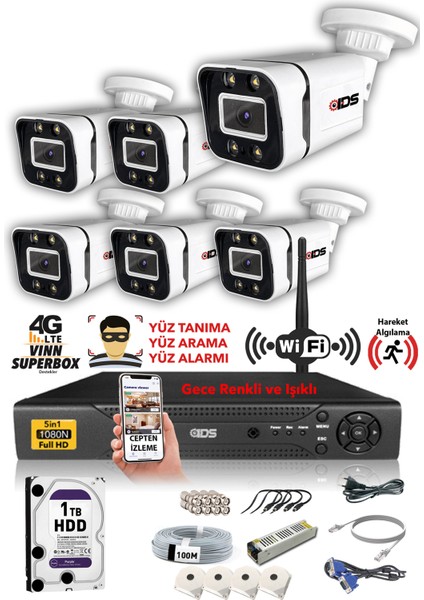 - 6 Kameralı 5mp Sony Lensli 1080P Fullhd Gece Renkli Full Kamera Seti - Su Geçirmez - Cepten İzle