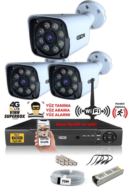 - 3 Kameralı 5mp Sony Lensli 1080P Fullhd Gece Renkli Full Kamera Seti - Su Geçirmez - Cepten Izle