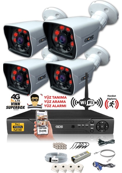 - 4 Kameralı 5 Mp Sony Lensli 1080P Full HD Güvenlik Kamerası Sistemi - Hard Disksiz