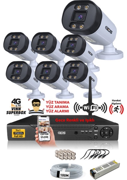 7 Kameralı 5 mp Lensli 1080P Full HD Gece Renkli Full Kamera Seti - Su Geçirmez - Cepten Izle