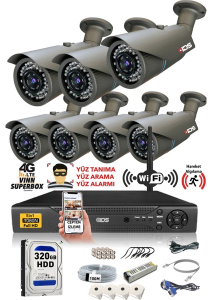 7 Kameralı 5 Mp Lensli 1080P Full HD Kamera Seti - Gece Görüşlü - Su Geçirmez - Cepten İzle