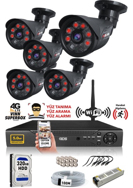 5 Kameralı Set - 5mp Sony Lensli Full Hd Gece Görüşlü Güvenlik Kamerası Sistemi - Cepten Izle
