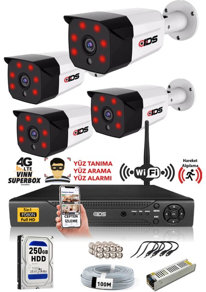 - 4 Kameralı 5mp Sony Lensli 1080P Fullhd Güvenlik Kamerası Sistemi - Cepten İzle - 250DIŞ