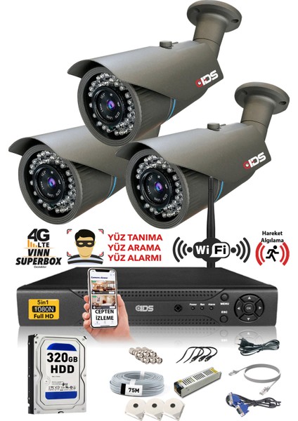 3 Kameralı 5mp Lensli 1080P Fullhd Kamera Seti - Gece Görüşlü - Su Geçirmez - Cepten Izle