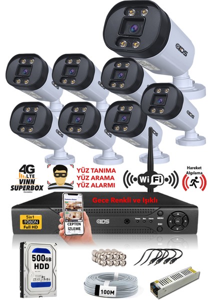 8 Kameralı 5mp Lensli 1080P Fullhd Gece Renkli Full Kamera Seti - Su Geçirmez - Cepten Izle