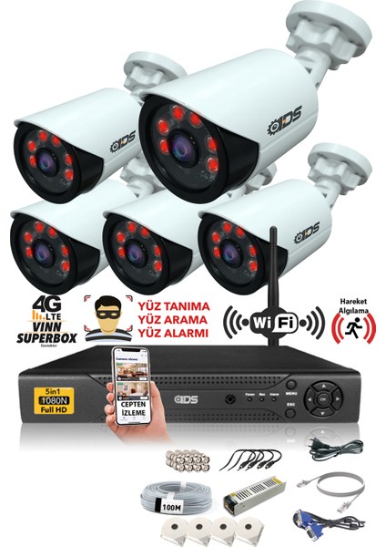 5 Kameralı 5mp Sony Lensli 1080P Fullhd Güvenlik Kamerası Sistemi - Hard Disksiz