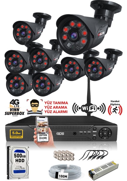 8 Kameralı 5 Mp Sony Lensli 1080P Full HD Güvenlik Kamerası Sistemi - Cepten Izle - 500DIŞ