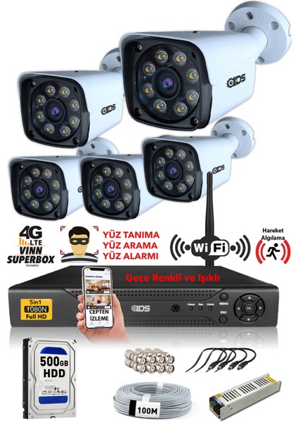 - 5 Kameralı 5mp Sony Lensli 1080P Fullhd Gece Renkli Kamera Seti - Su Geçirmez - Cepten İzle