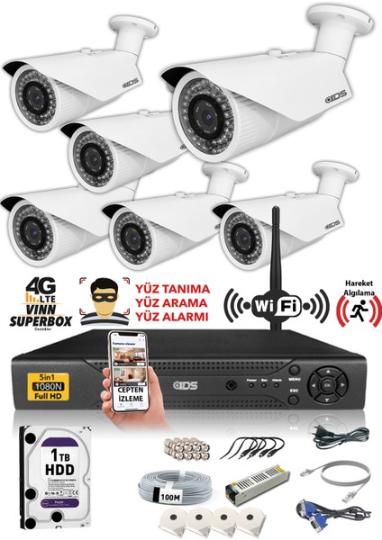 - 6 Kameralı 5 Mp Sony Lensli 1080P Full HD Güvenlik Kamerası Sistemi - Cepten İzle - 1 TB Dış