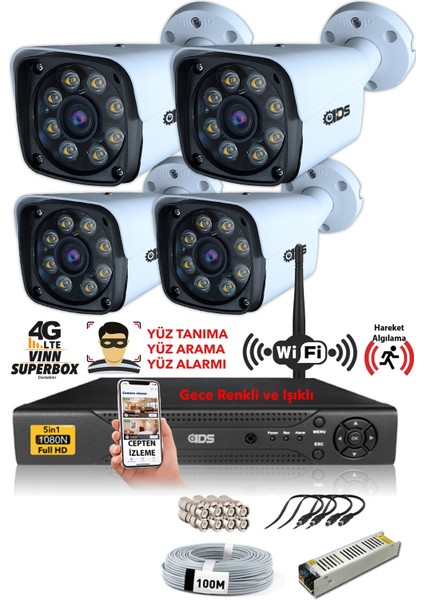 - 4 Kameralı 5mp Sony Lensli 1080P Fullhd Gece Renkli Full Kamera Seti - Su Geçirmez - Cepten İzle