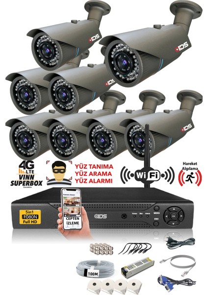 8 Kameralı 5MP Sony Lensli 1080P Full HD Güvenlik Kamerası Sistemi - Hard Disksiz