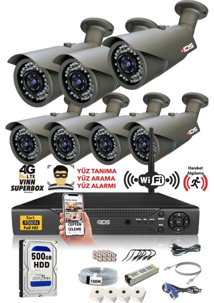 - 7 Kameralı 5 Mp Sony Lensli 1080P Full HD Güvenlik Kamerası Sistemi - Cepten İzle - 500 Dış