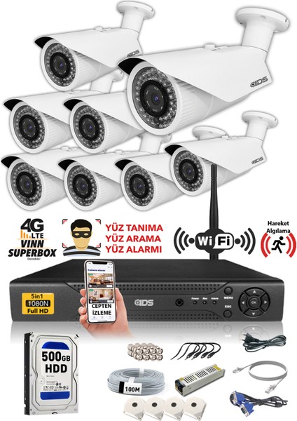8 Kameralı 5MP Sony Lensli 1080P Full HD Güvenlik Kamerası Sistemi - Cepten İzle - 500 Dış