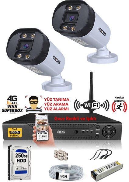 2 Kameralı 5mp Lensli 1080P Fullhd Gece Renkli Full Kamera Seti - Su Geçirmez - Cepten Izle