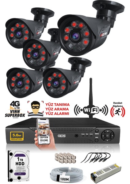 5 Kameralı 5 Mp Sony Lensli 1080P Full HD Güvenlik Kamerası Sistemi - Cepten Izle - 1tbdış