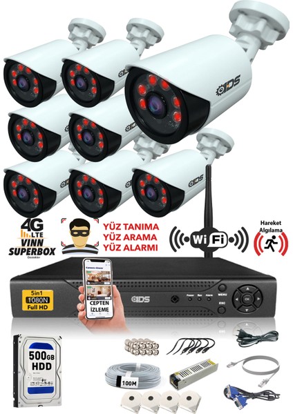 - 8 Kameralı 5 Mp Sony Lensli 1080P Full HD Güvenlik Kamerası Sistemi - Cepten İzle - 500 Dış