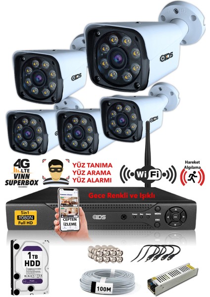 - 5 Kameralı 5mp Sony Lensli 1080P Fullhd Gece Renkli Kamera Seti - Su Geçirmez - Cepten Izle