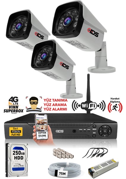 - 3 Kameralı 5 Mp Sony Lensli 1080P Full HD Güvenlik Kamerası Sistemi - Cepten İzle - 250 Dış