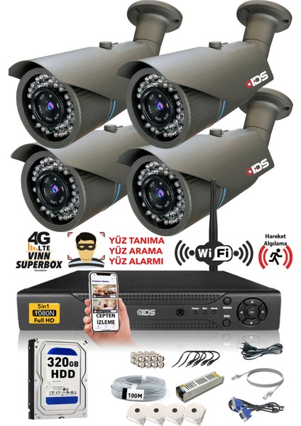 4 Kameralı 5 Mp Lensli 1080P Full HD Kamera Seti - Gece Görüşlü - Su Geçirmez - Cepten İzle