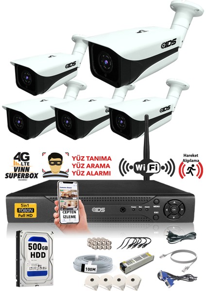 - DS-7070HD-SET5-5005 Kameralı 5mp Sony Lensli 1080P Fullhd Güvenlik Kamerası Sistemi - Cepten Izle - 500 Dış