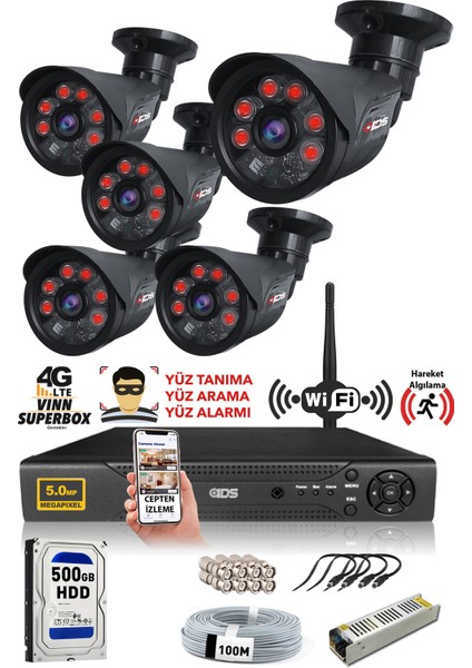 5 Kameralı 5 Mp Sony Lensli 1080P Full HD Güvenlik Kamerası Sistemi - Cepten Izle - 500DIŞ