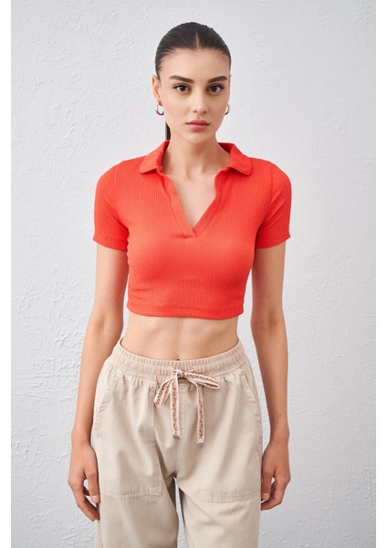 Tena Moda Kadın Nar Polo Yaka Bürümcük Kumaş Crop