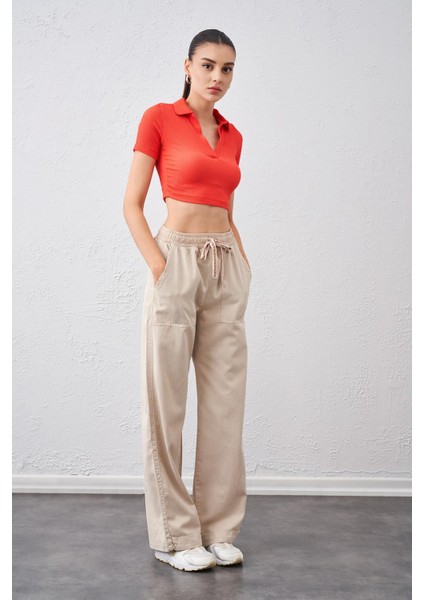 Tena Moda Kadın Nar Polo Yaka Bürümcük Kumaş Crop fırsatları
