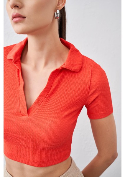 Tena Moda Kadın Nar Polo Yaka Bürümcük Kumaş Crop indirimleri