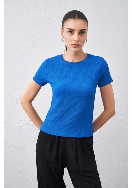 Tena Moda Kadın Saks Bisiklet Yaka Bürümcük Kumaş Bluz