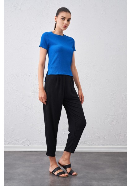 Tena Moda Kadın Saks Bisiklet Yaka Bürümcük Kumaş Bluz