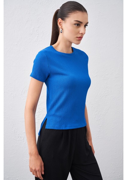 Tena Moda Kadın Saks Bisiklet Yaka Bürümcük Kumaş Bluz
