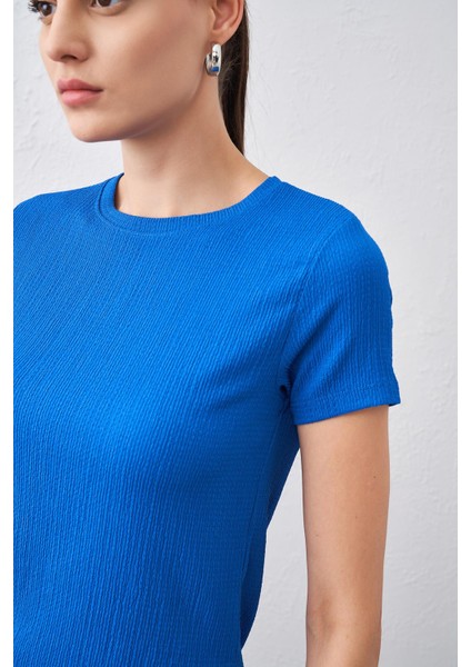 Tena Moda Kadın Saks Bisiklet Yaka Bürümcük Kumaş Bluz