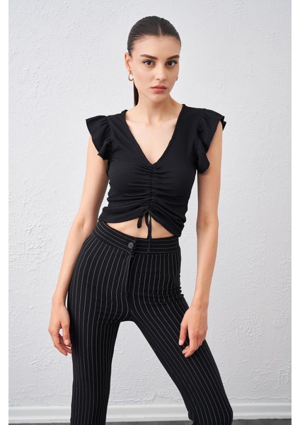 Tena Moda Kadın Siyah Kol Fırfırlı Önü Büzgülü Bürümcük Kumaş Bluz