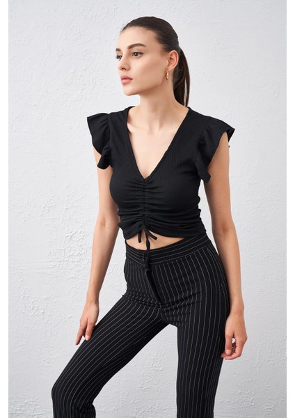 Tena Moda Kadın Siyah Kol Fırfırlı Önü Büzgülü Bürümcük Kumaş Bluz