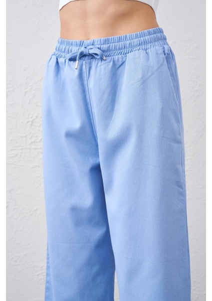 Tena Moda Kadın Mavi Beli Bağlamalı Geniş Piş Dikişli Paça Pantolon fırsatları