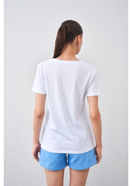 Tena Moda Kadın Beyaz Yaka Ribanalı V Yaka Basic Tişört