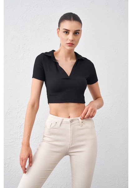 Tena Moda Kadın Siyah Polo Yaka Bürümcük Kumaş Crop