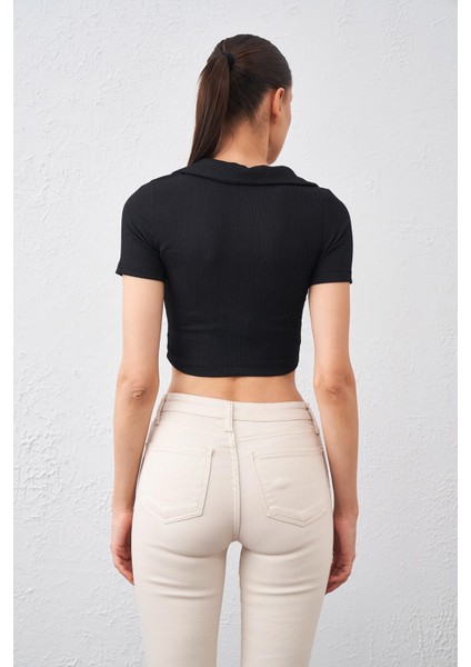 Tena Moda Kadın Siyah Polo Yaka Bürümcük Kumaş Crop indirimleri
