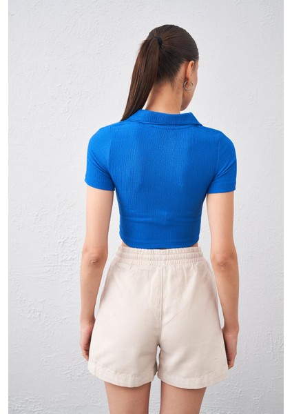 Tena Moda Kadın Saks Polo Yaka Bürümcük Kumaş Crop indirimleri