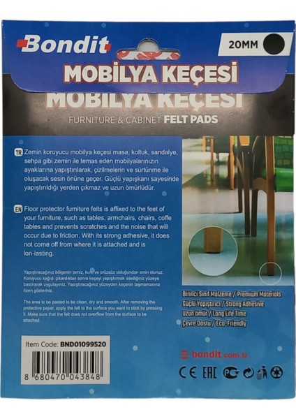 Bondit Yuvarlak Mobilya Keçesi 20MM 60 Adet BND01099520