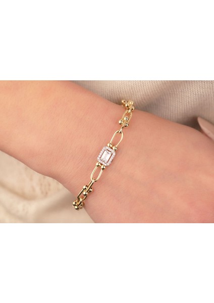 14 Ayar Altın Baget Taşlı Toplu Ataç Zincir Bileklik