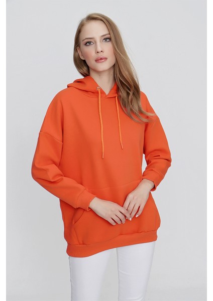 Tena Moda Kadın Koyu Orange Üç Iplik Şardonlu Kanguru Cepli Kapüşonlu Sweatshirt